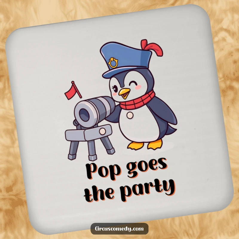 Funny Ringmaster Penguin Drink Coaster: A brave penguin in a circus outfit winks at a tiny cannon, a humorous and protective coaster.