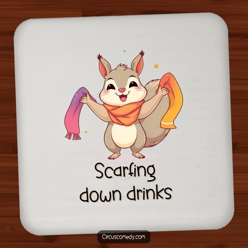 Funny drink coaster featuring a cheerful squirrel juggling brightly colored scarves, protecting surfaces with vibrant and amusing artwork.