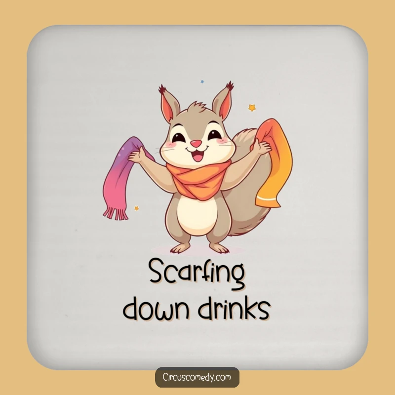 Funny Squirrel Drink Coaster: Cheerful Juggler with Scarves - Vibrant Decor