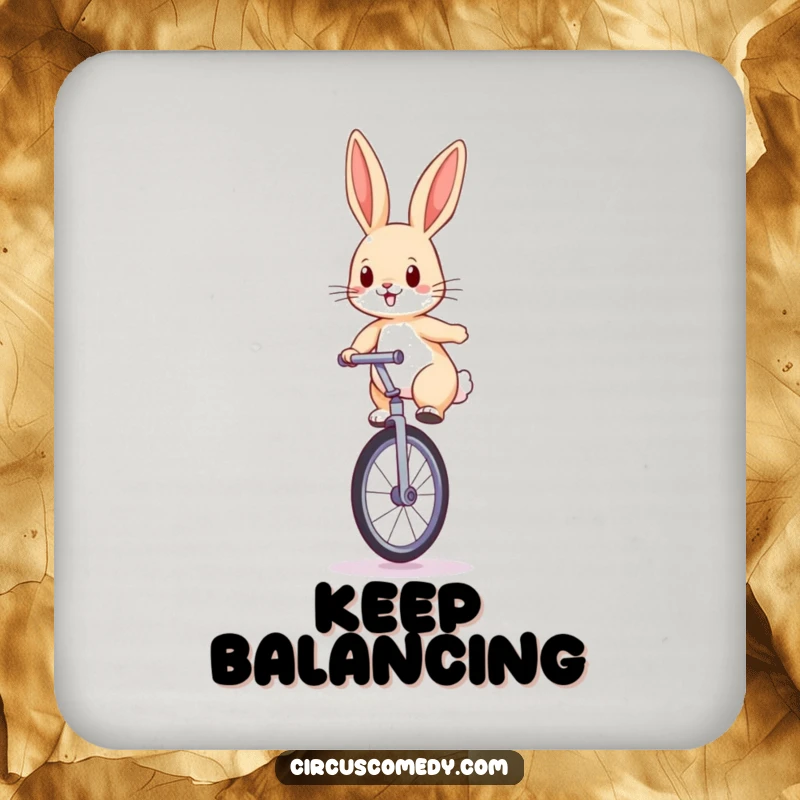 Funny rabbit coasters showing a determined rabbit balancing on a large unicycle with perked ears, protecting surfaces.
