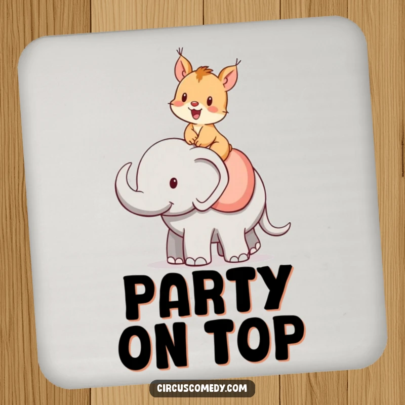 Funny squirrel coasters, a cheerful squirrel riding an elephant, humorous and stylish surface protection.