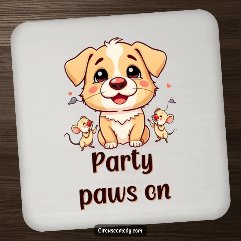 Funny Coaster: A silly dog wearing a clown nose, juggling three tiny mice.