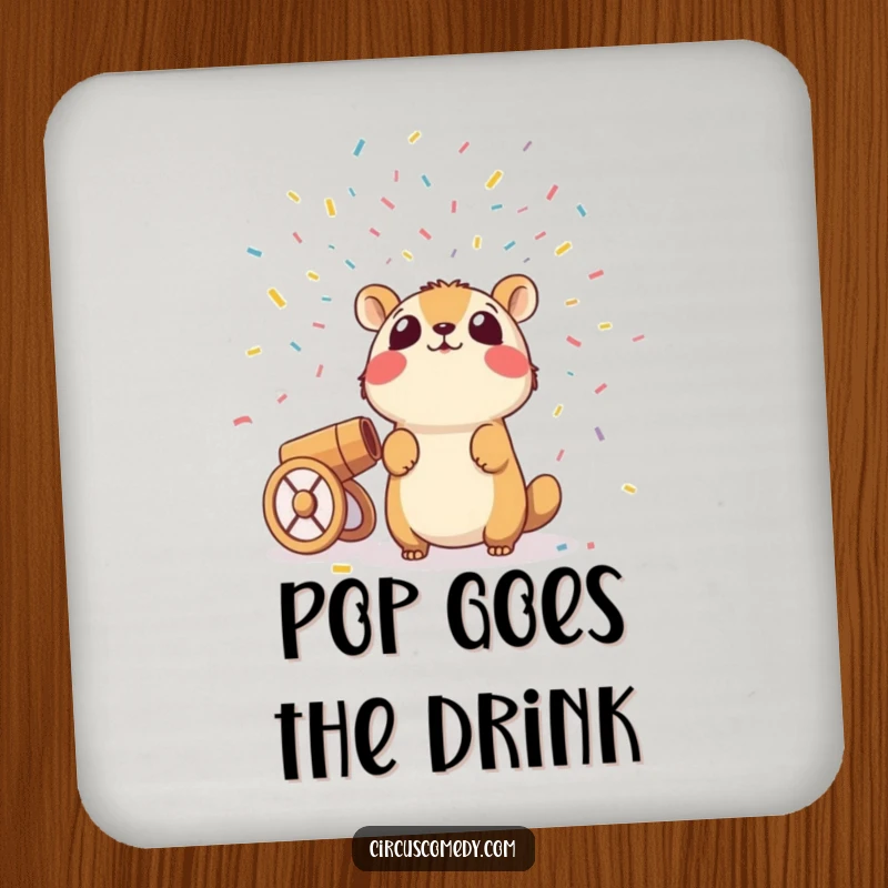 Funny drink coasters with a surprised animal looking at a confetti cannon, adding humor to any table setting.