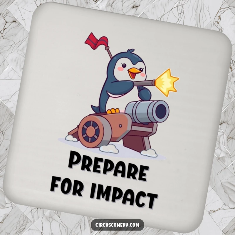 Funny penguin coasters, a brave penguin launching from a cannon, protecting surfaces with humorous artwork.