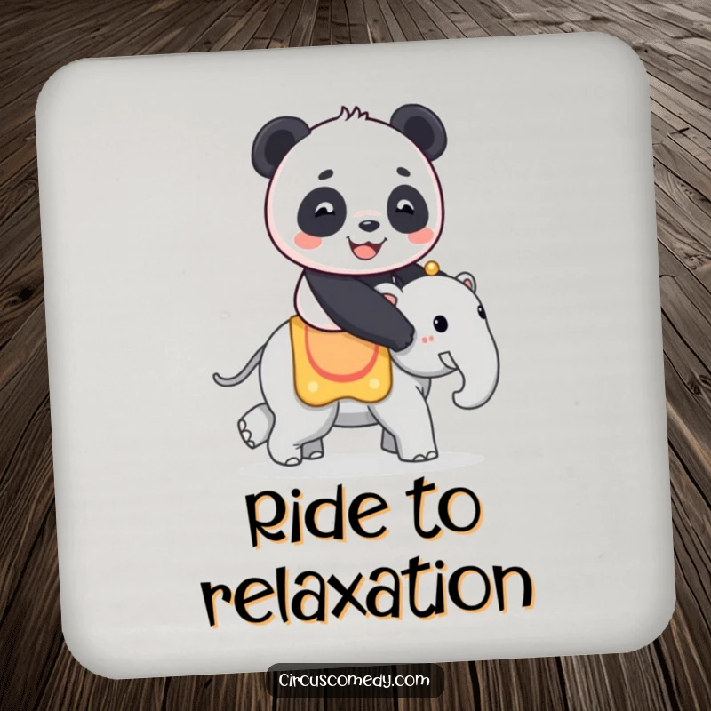 Funny drink coaster featuring a smiling panda riding a small circus elephant, protecting surfaces with whimsical and charming artwork.