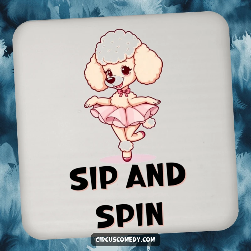 Funny poodle wearing a tutu, gracefully pirouetting with a determined and happy expression, adding elegance to your drinks.