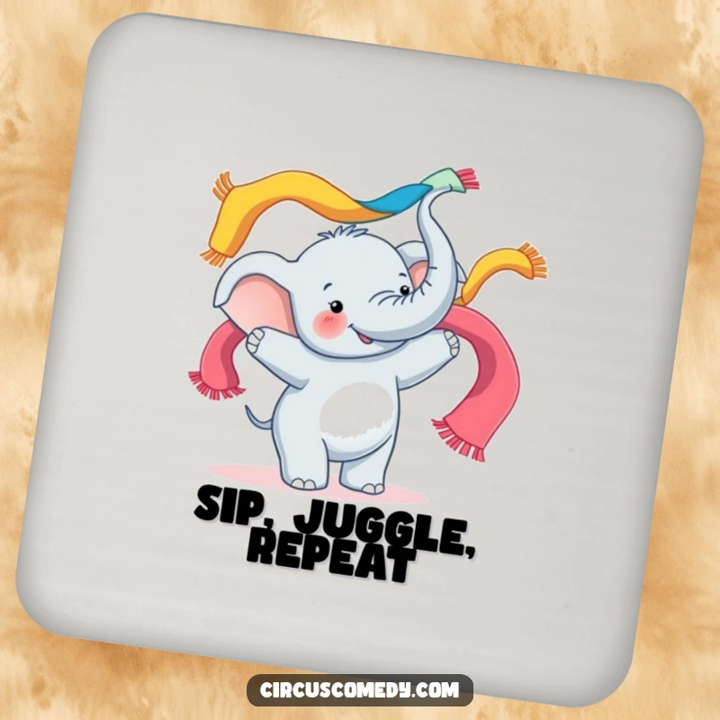 Funny drink coaster featuring a happy elephant juggling colorful scarves with its trunk, adding a splash of fun.
