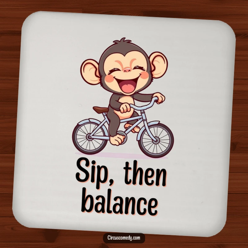 Funny chimp giggling uncontrollably while riding a miniature bicycle, a humorous and protective drink coaster.