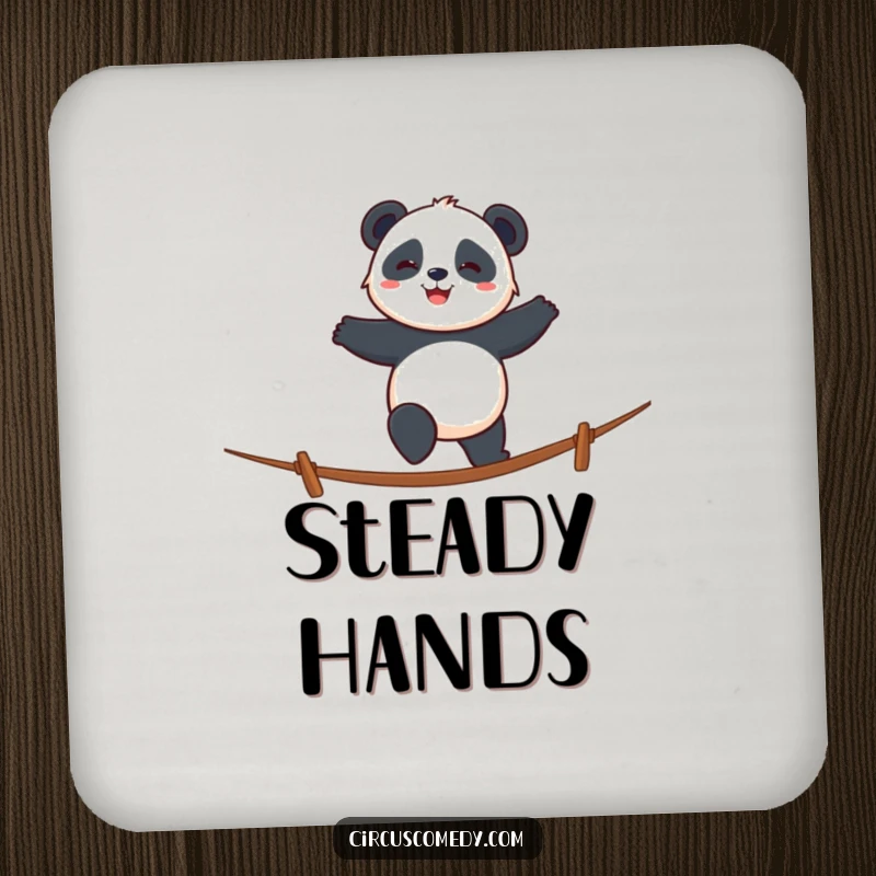 Funny panda coasters showing a smiling panda walking a tightrope with cheerful determination, protecting surfaces.