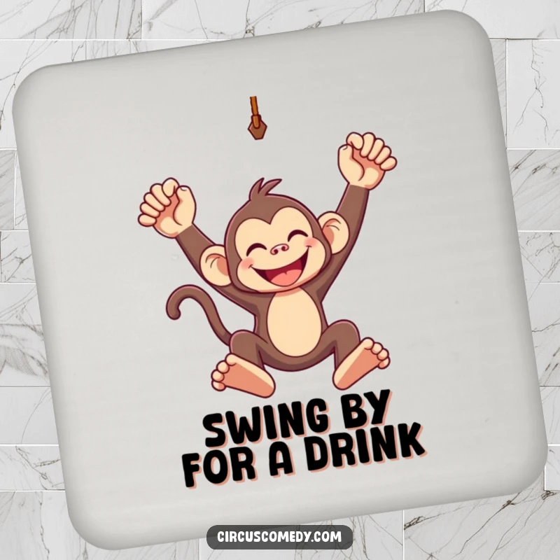 Funny drink coaster with a grinning monkey swinging from a trapeze, adding a splash of jungle-themed humor.