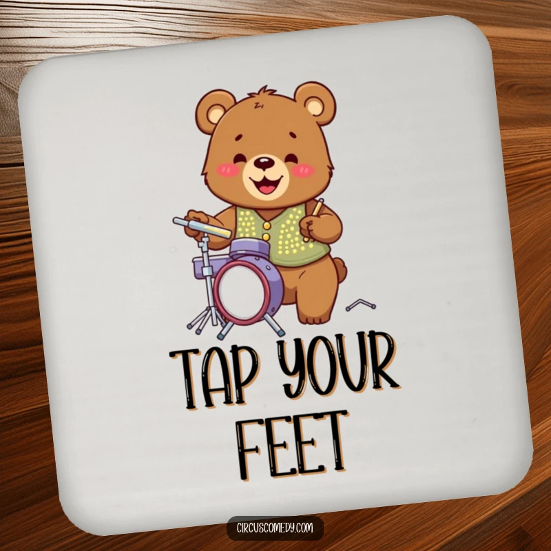 Funny bear in a sequined vest, enthusiastically playing a miniature drum set, bringing musical vibes to your drinks.