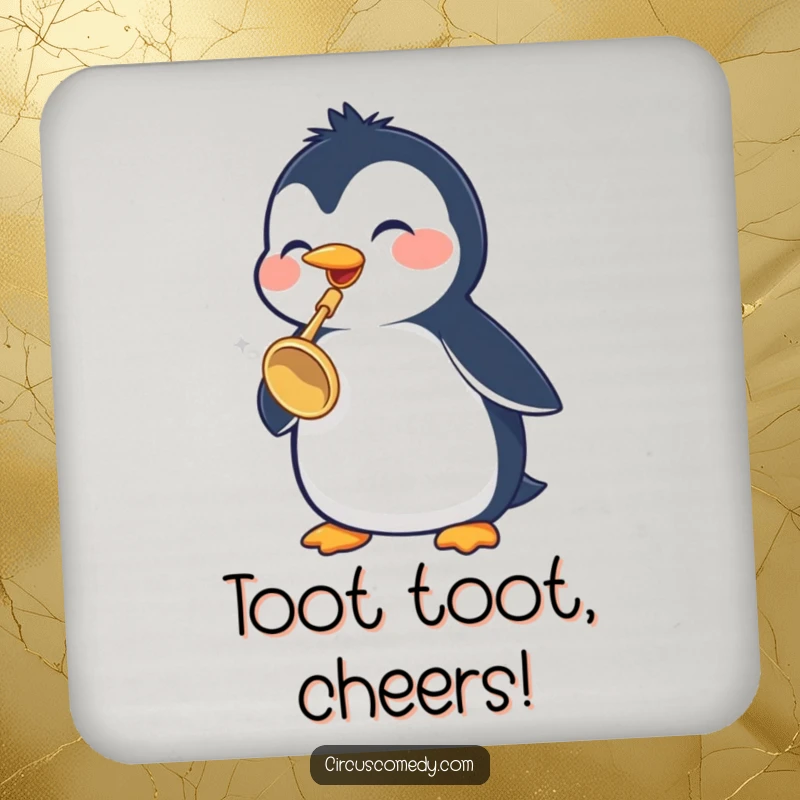 Funny Penguin Coasters: A cheerful penguin plays a tiny trumpet, adding a musical and humorous touch to protect surfaces from drinks.