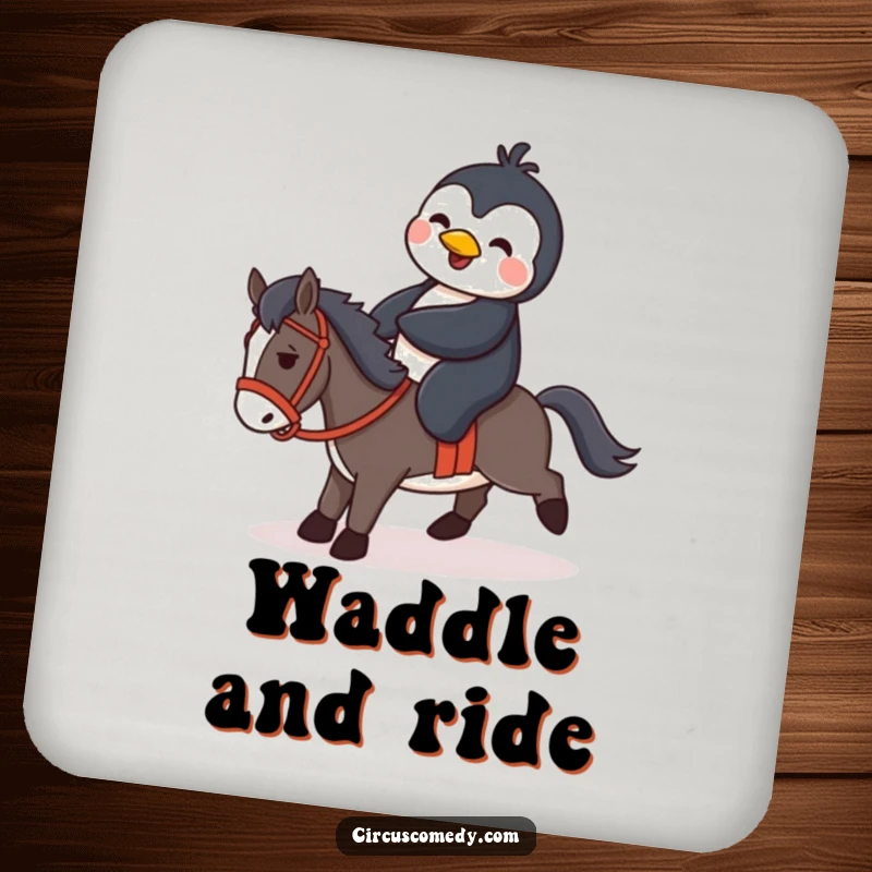 Funny penguin humorously attempting to ride a tiny horse on a drink coaster, providing both protection and amusement.