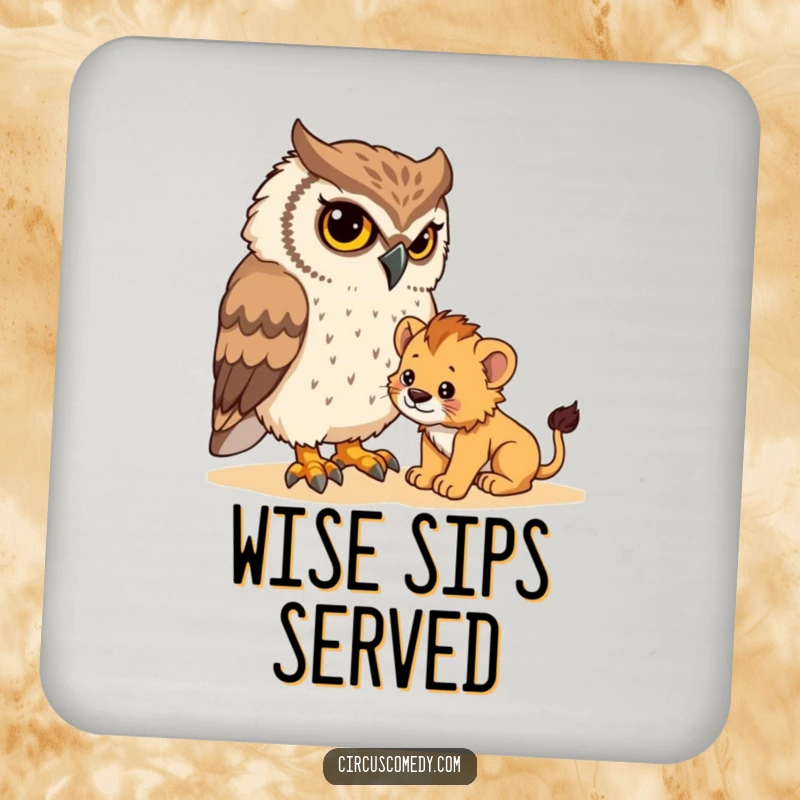 Funny drink coaster showing a determined owl trying to gently control a tiny lion cub, protecting surfaces with humorous art.