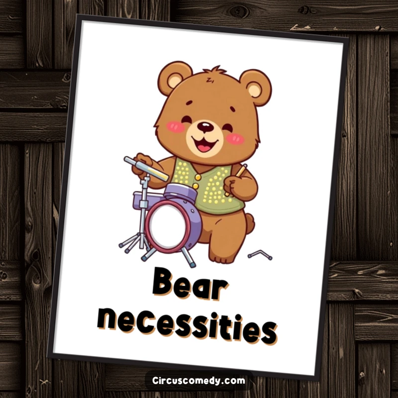 Funny bear in a flashy sequined vest, enthusiastically playing a miniature drum set with a huge, happy grin.