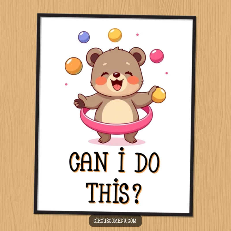 Funny bear cub poster, depicted mid-juggle with colorful balls in a circus setting, exuding joy and talent, a delightful wall decoration.