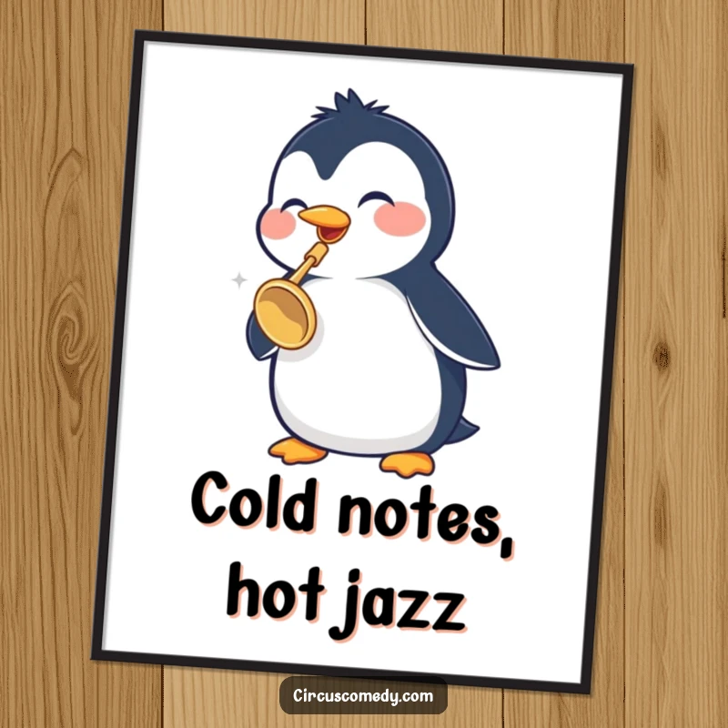 Funny Penguin Poster: A cheerful penguin enthusiastically plays a miniature trumpet, creating a whimsical and joyful focal point for wall decor.