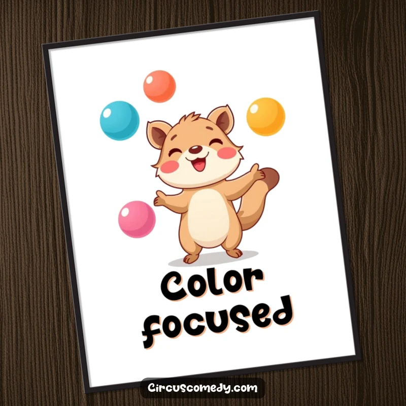 Funny Poster: Smiling animal with intense focus, juggling multiple colorful balls, showcasing impressive skill and playful energy.