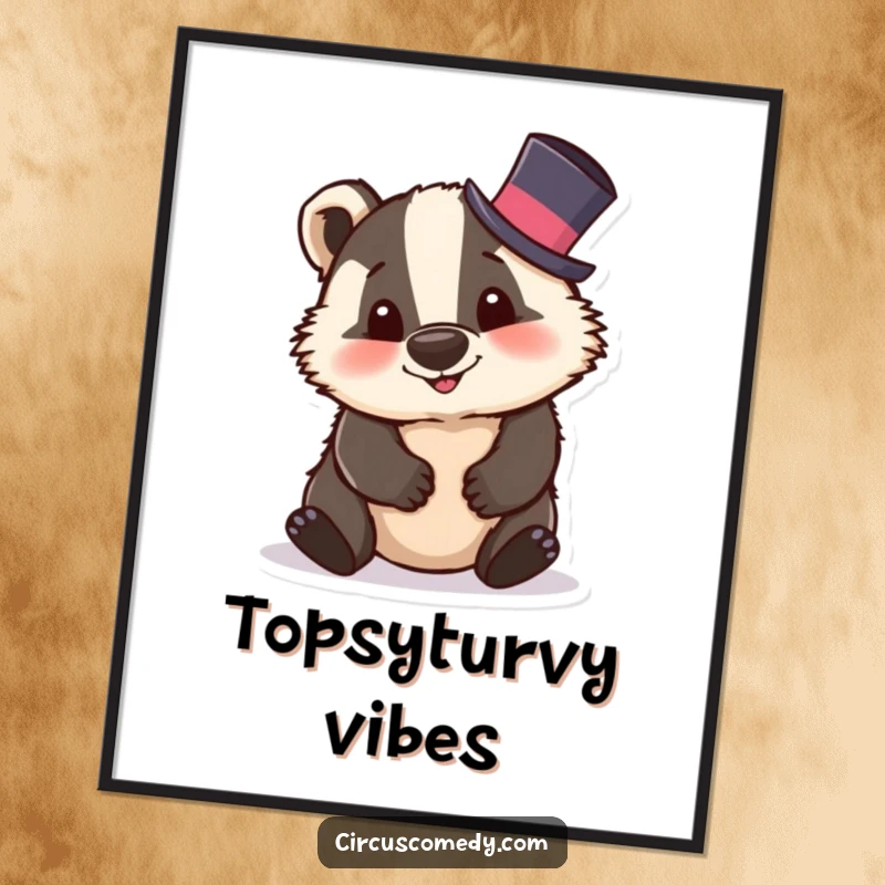 Funny badger poster featuring a silly badger wearing a tiny top hat and tumbling, creating vibrant and playful wall art.