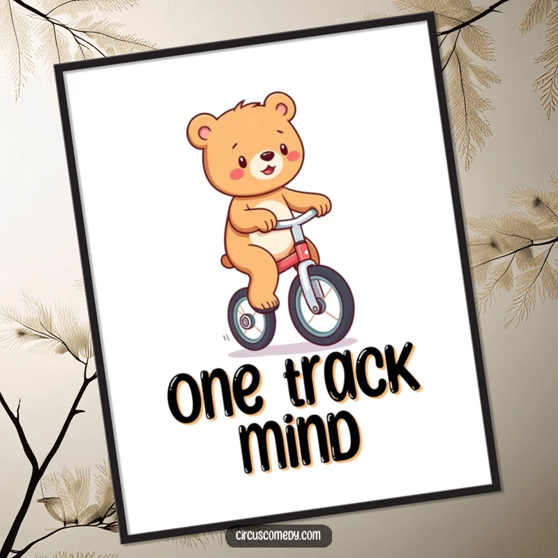 Funny poster art of a playful bear balancing perfectly on a unicycle, radiating joy and whimsical charm.