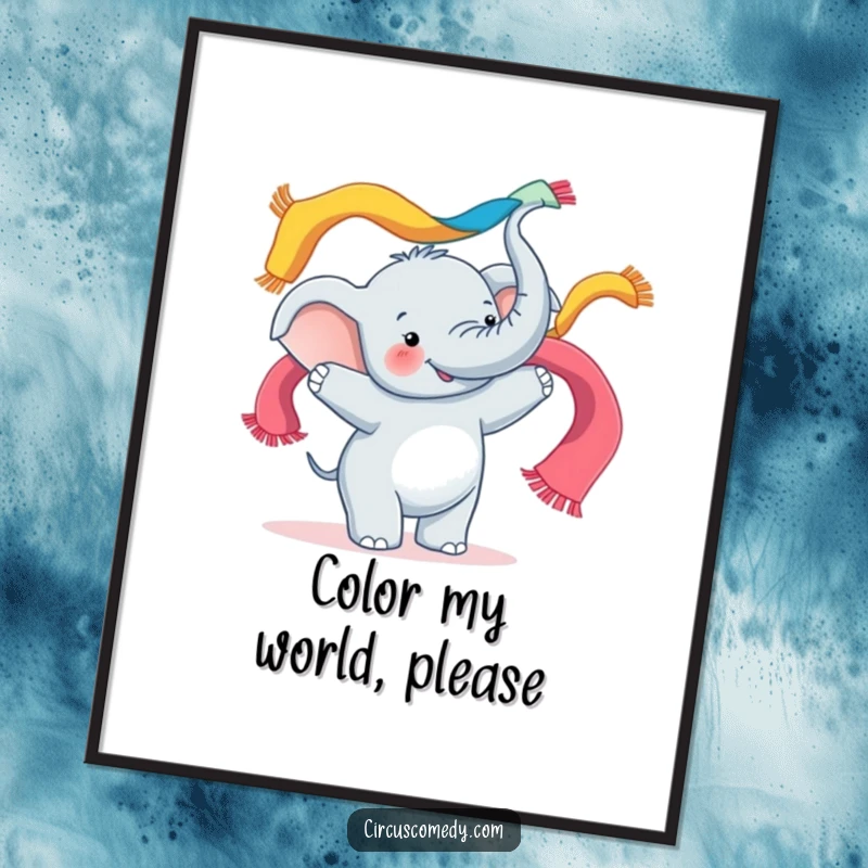 Funny poster art of a happy elephant enthusiastically juggling multiple colorful scarves with its trunk, creating a lively scene.