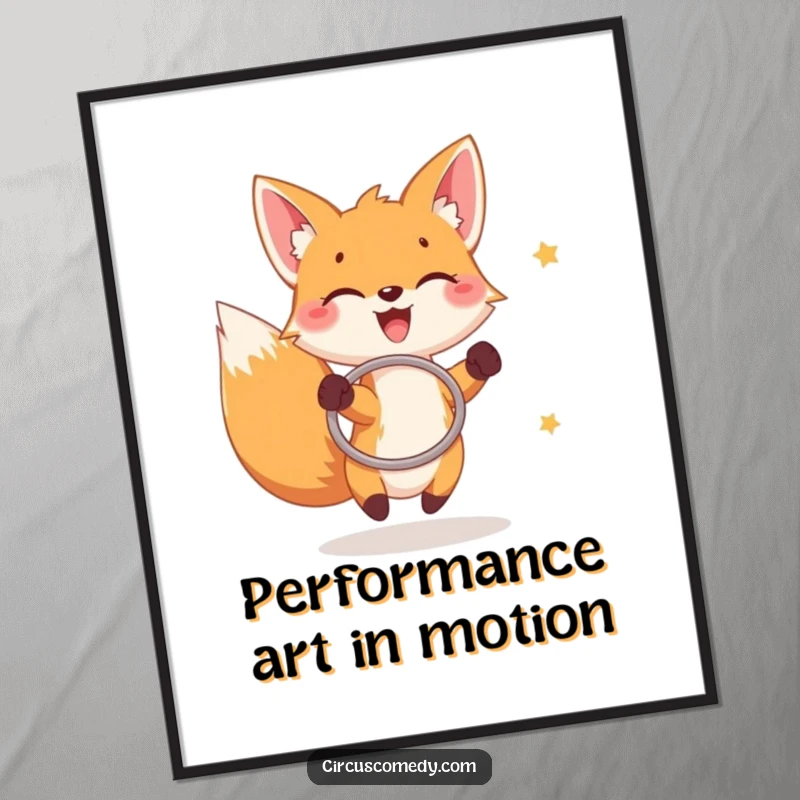 Funny fox poster, a joyful fox catching rings with a hoop, vibrant and humorous wall art.