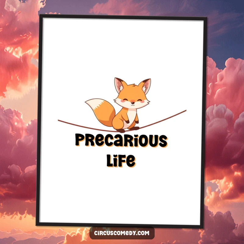 Funny fox poster, illustrated mid-tightrope walk with a cheeky expression, capturing daring and playful spirit, a striking piece of art.
