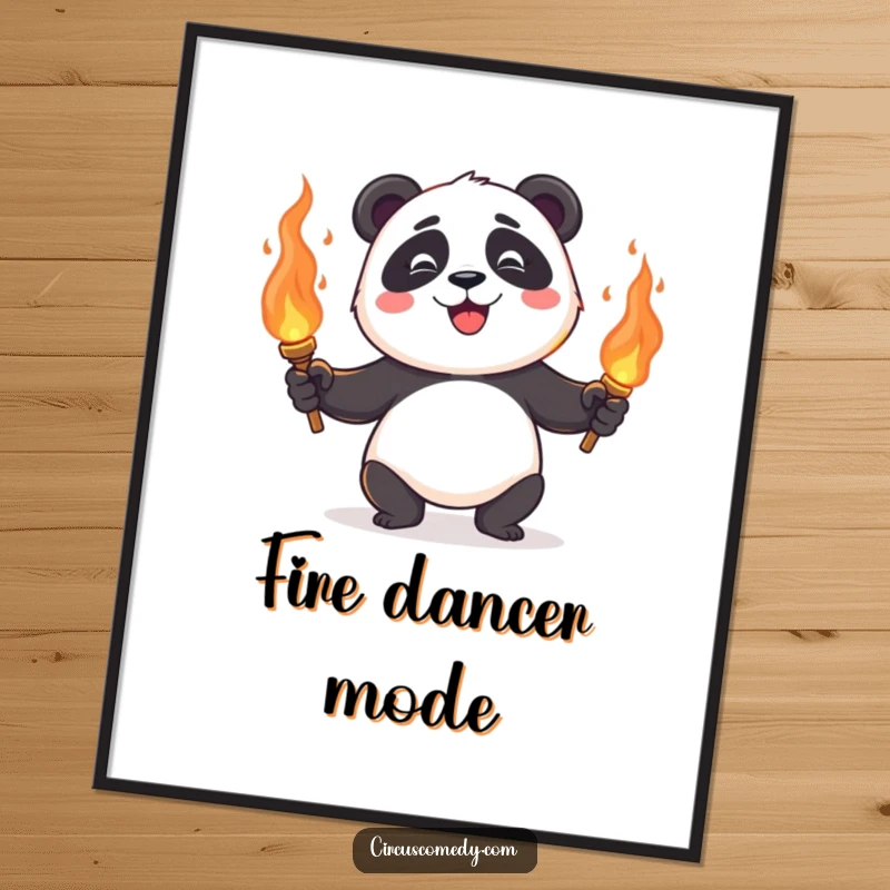 A happy panda juggling flaming torches with impressive skill, creating a visually exciting and humorous poster.