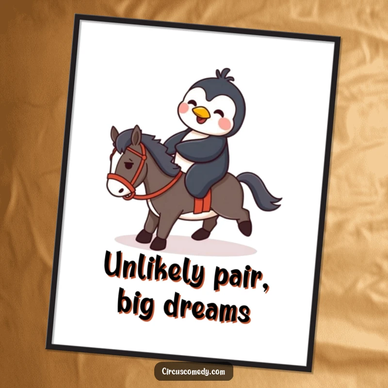 Funny penguin humorously trying to ride a small horse, presented as a quirky and amusing poster for wall decoration.