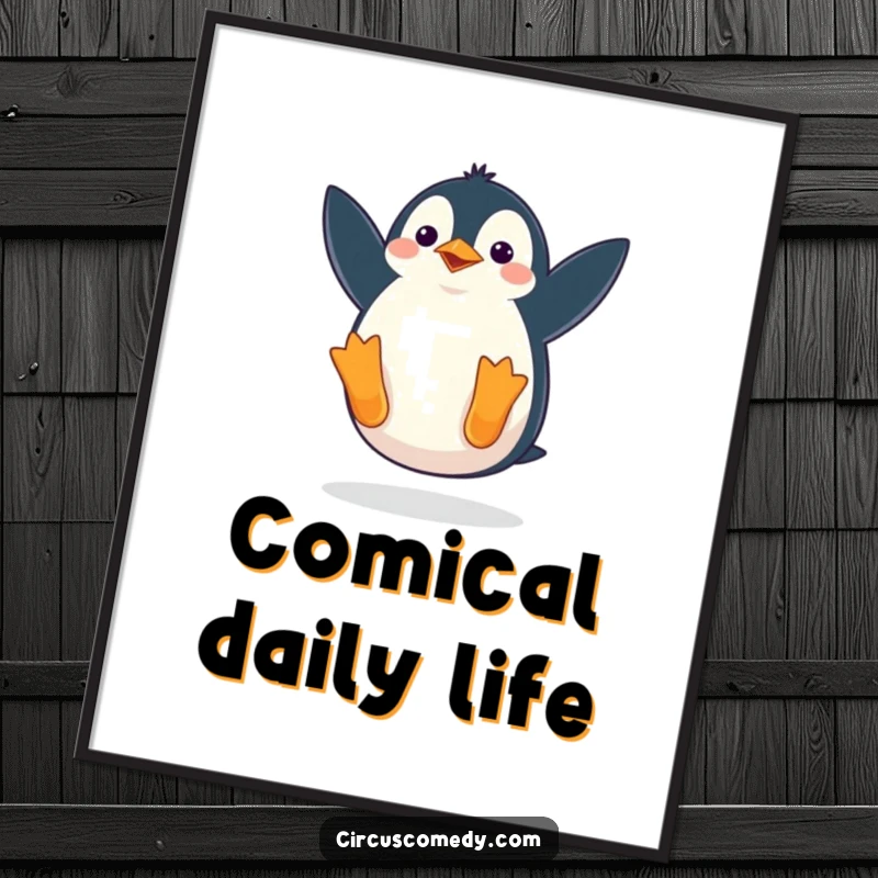 Funny poster print of a penguin waddling comically as it performs a somersault, creating a whimsical and humorous scene for wall art.