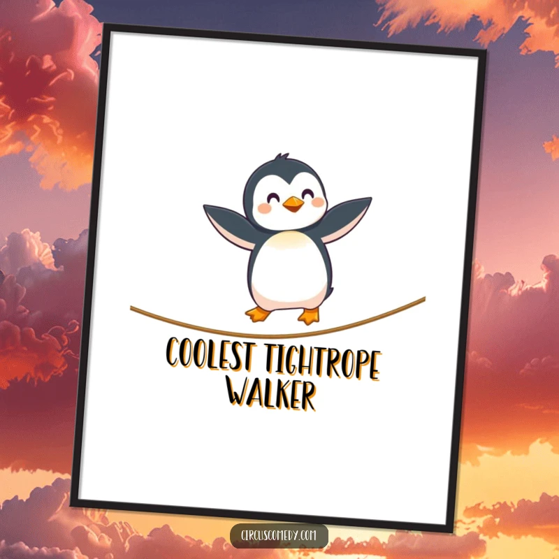 Funny Penguin Tightrope Poster showing a curious penguin with outstretched wings balancing on a tightrope, a whimsical and humorous art gift.