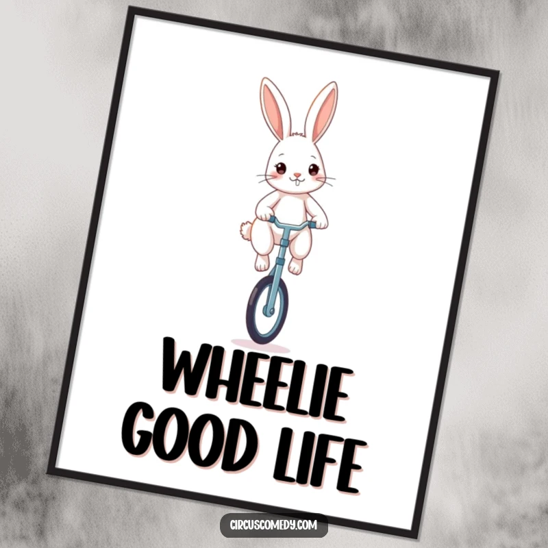 Funny rabbit poster, a determined rabbit balancing on a unicycle with intense concentration, humorous motivational art.