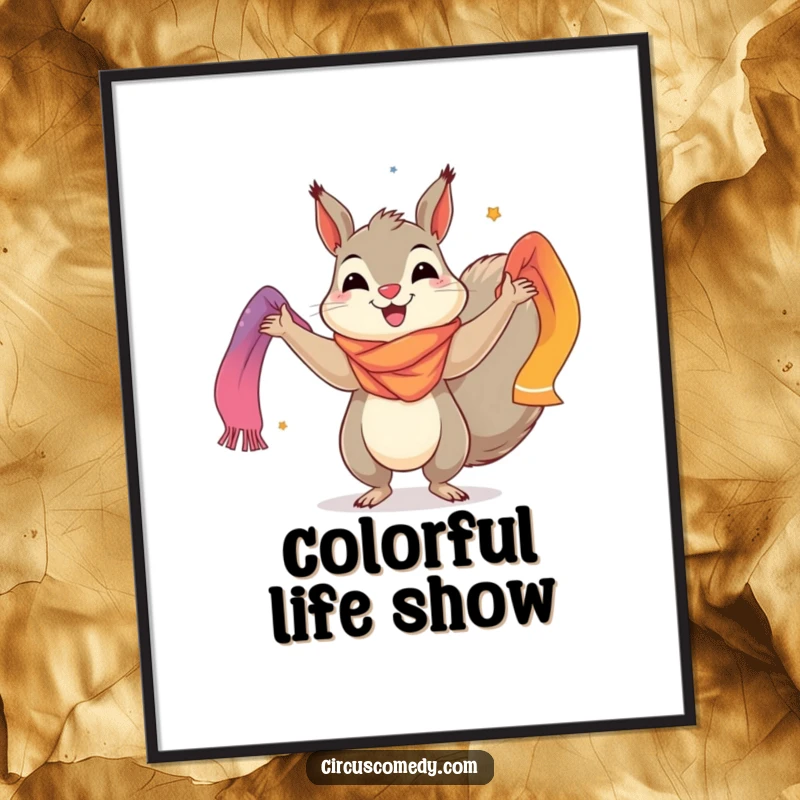 Funny poster print of a smiling squirrel skillfully juggling multiple colorful scarves, creating a vibrant and joyful visual for any wall.