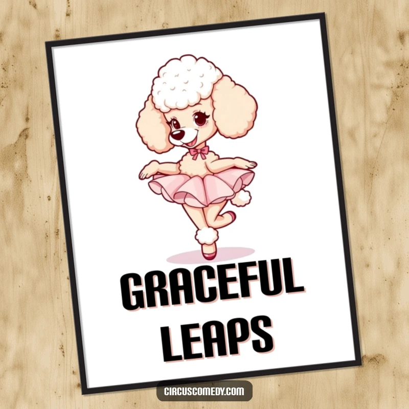 Funny poodle in a tutu gracefully pirouetting, showcasing intense focus and a joyful, happy demeanor; ballet art.