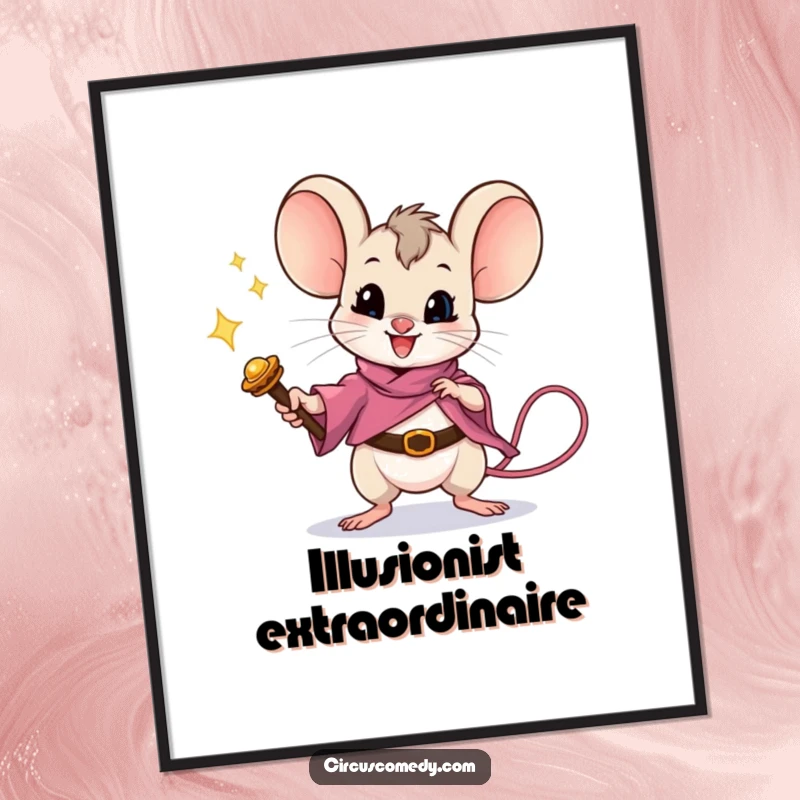 Funny mouse creating a magical illusion with a wand, depicted on a humorous poster for wall decoration.