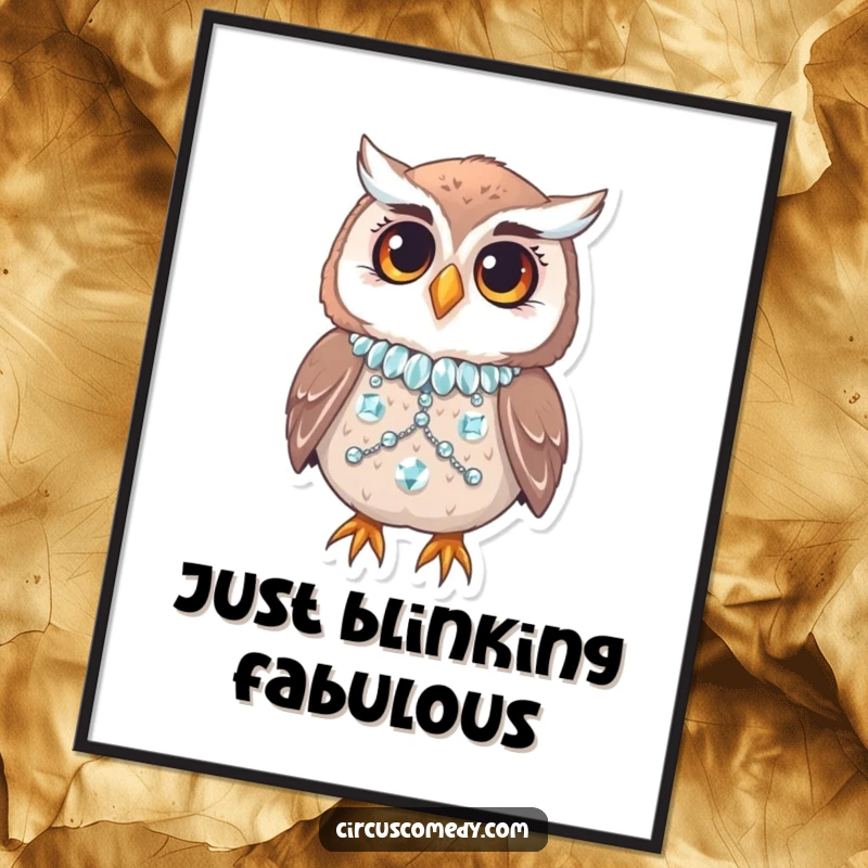 Funny owl in a sequined costume blinking curiously, on a vibrant poster, glamorous and humorous wall decor.