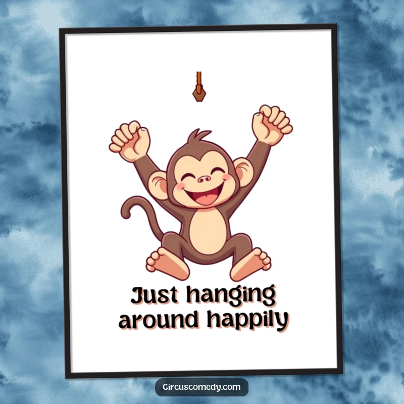 Funny poster art of a grinning monkey joyfully swinging from a trapeze, capturing a moment of exhilarating freedom.