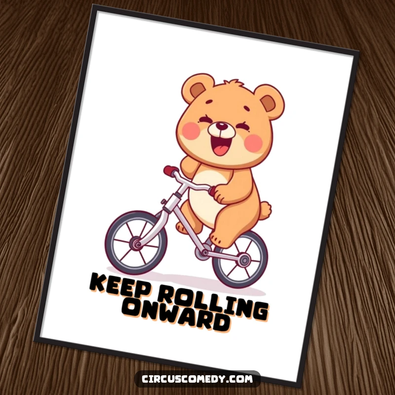 Funny bear joyfully riding a unicycle, a big grin, on a vibrant poster, cheerful wall decor.
