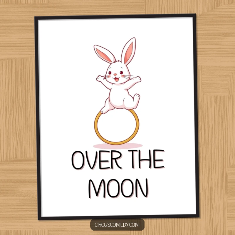 Funny rabbit poster, depicted soaring over a hoop in a high jump, conveying athleticism and cheerful momentum, a dynamic piece of art.