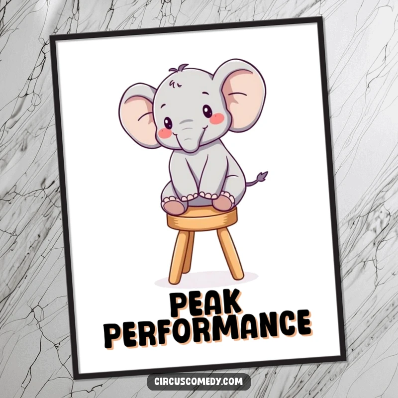 Funny poster art of a happy elephant skillfully balancing on a very small stool, bringing a sense of wonder and humor.