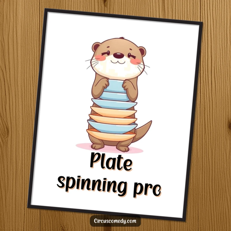 Funny otter expertly balancing a tall stack of plates, looking determined, on a vibrant poster, humorous decor.