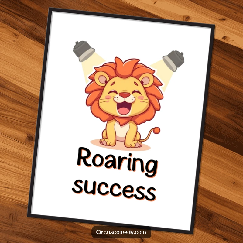 Funny Poster: A delighted lion roaring playfully, dramatically lit by a spotlight.
