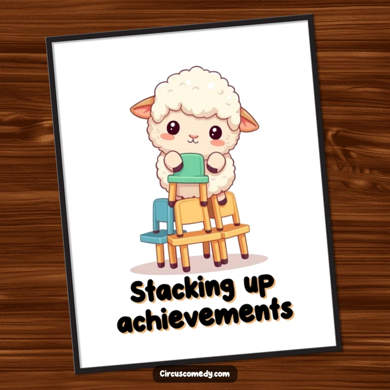Funny fluffy sheep precariously balancing a stack of tiny chairs, presented as a humorous poster for wall decoration.