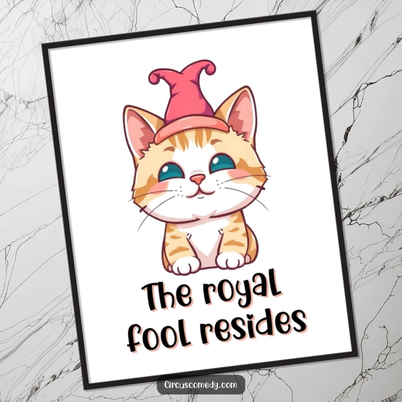 Funny cat poster, a contented cat wearing a tiny jester hat, whimsical and humorous wall art.
