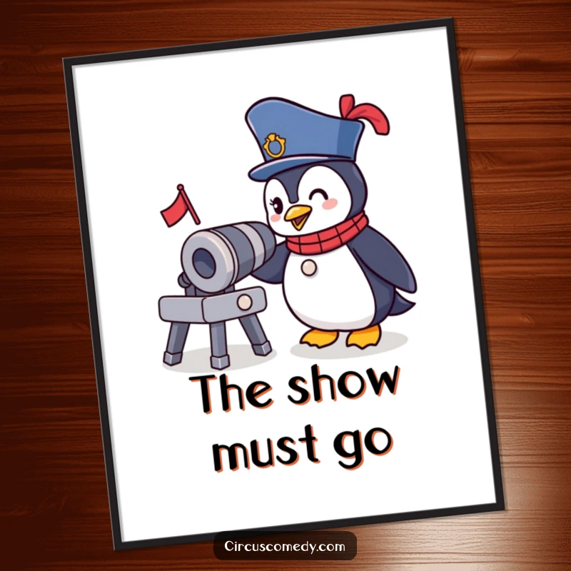 Funny Ringmaster Penguin Poster: A brave penguin in a circus outfit winks at a tiny cannon, creating a humorous circus wall art.