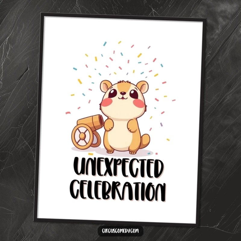 Funny poster print of a startled animal witnessing a confetti cannon firing, creating a humorous and eye-catching display.