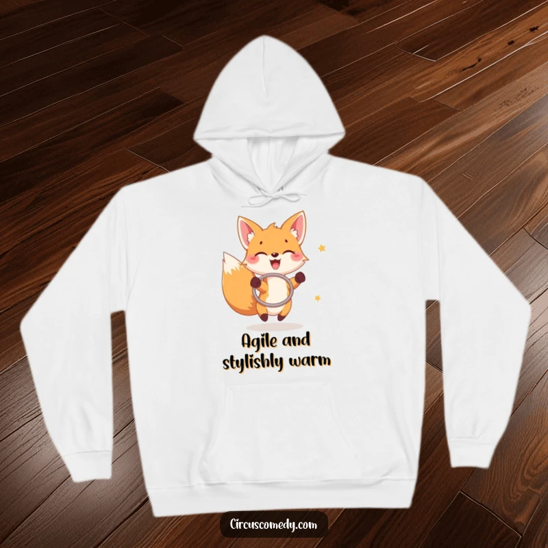 Funny fox hoodie, a joyful fox catching rings with a hoop, cozy apparel with a playful theme.