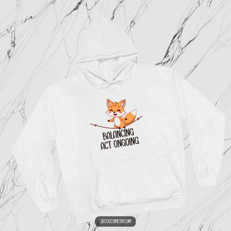 Funny fox hoodie, a proud fox, confidently walking a tightrope with a happy smile, a cozy and humorous design.