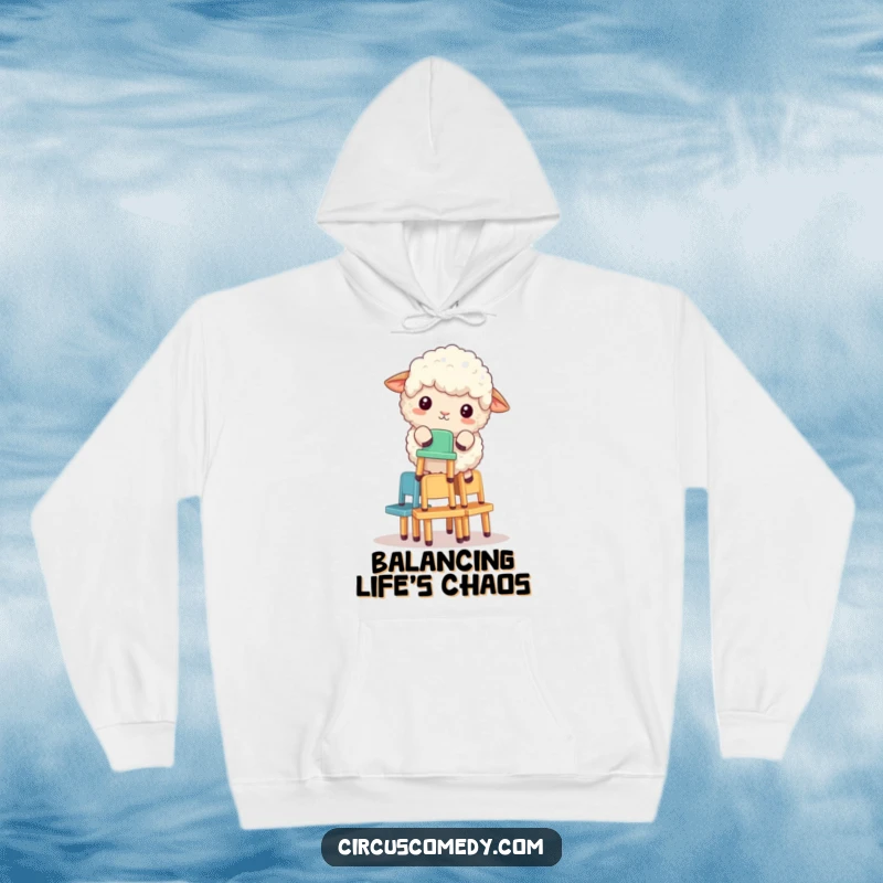 Funny fluffy sheep balancing a stack of tiny chairs, depicted on a comfortable hoodie for cozy, humorous wear.