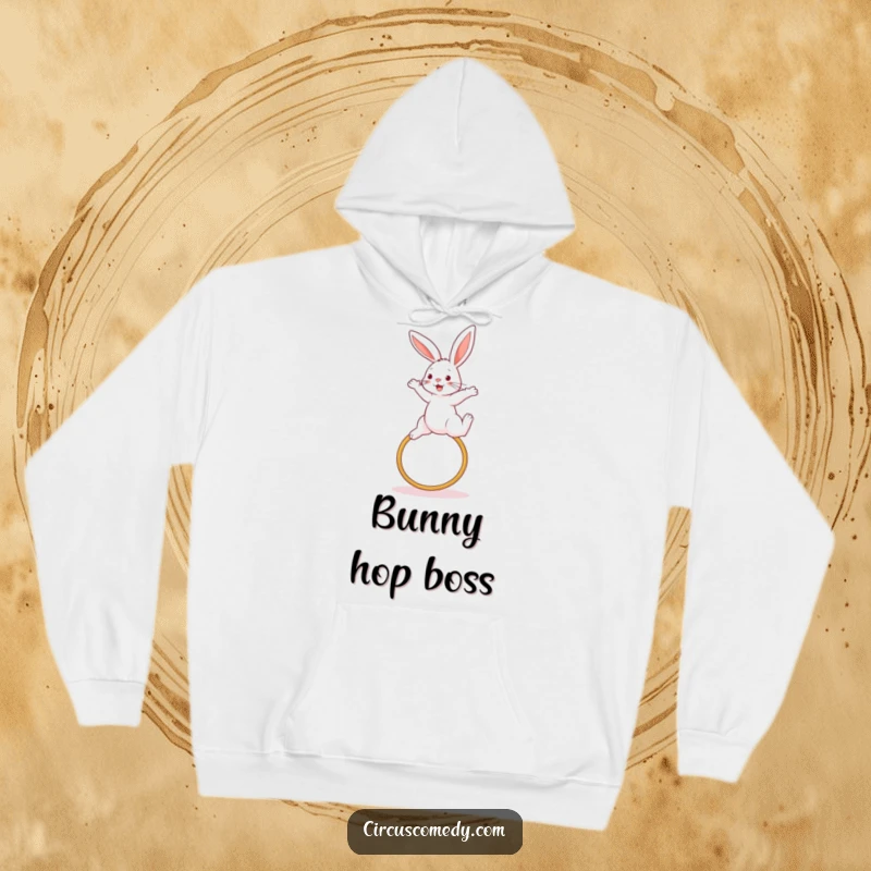 Funny rabbit hoodie, exhilaratingly jumping over a hoop with speed and agility, radiating athletic joy, a warm and inspiring garment.